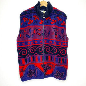 Vintage Duffel 90s Abstract Pattern Fleece Vest Boho Aztec Blue Red Medium